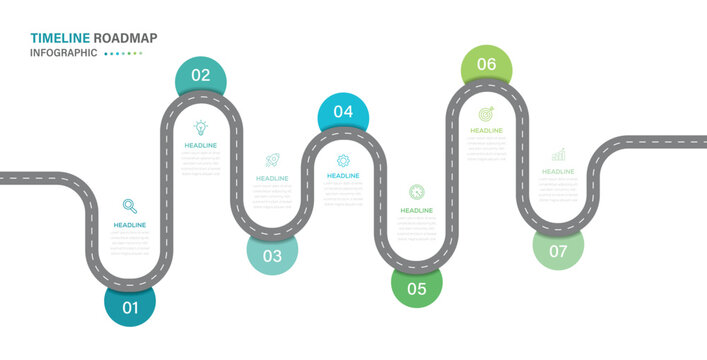 Business road map timeline infographic design with 6 steps. Infographic template design for business growth and milestones presentation. Vector illustration. 