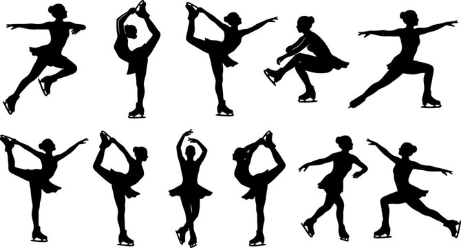 Dynamic ice skating girls spin and balance poses set vector silhouette pack