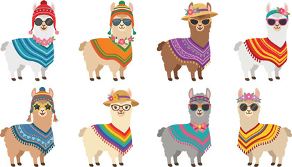 Whimsical cartoon llama vector illustrations with vibrant clothing, accessories, Andean cultural patterns, cheerful colors, and playful character designs © MD FAJLUL