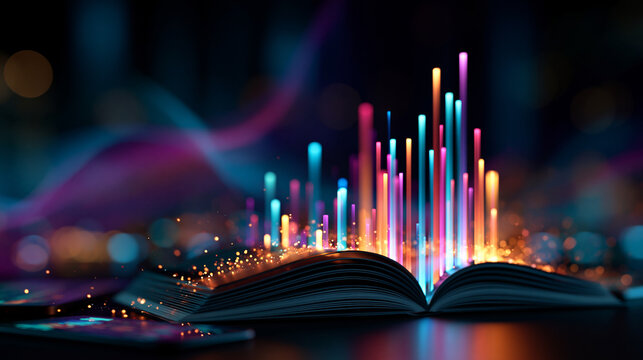 Open book with glowing colorful bar graphs rising from its pages modern gadgets on a bright abstract background data visualization and knowledge concept education analytics