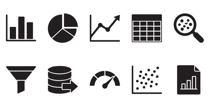 Business data analytics icon set. Professional charts and graphs for web UI design. A collection of black vector icons representing data analysis, statistics, and business reporting tools.