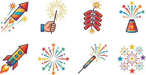 Fototapeta premium Festive fireworks vector illustrations featuring rockets, sparklers, firecrackers, fountains, bursts, and colorful celebratory effects for holiday designs