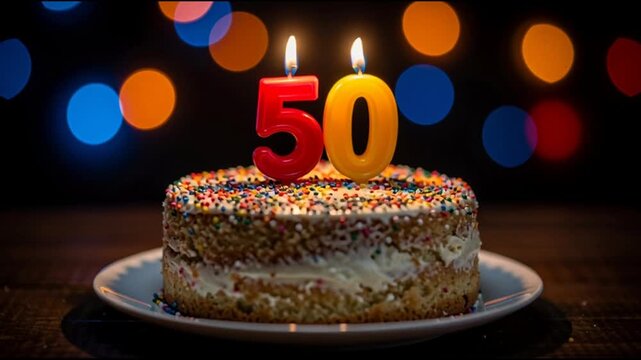 Delicious cake with lit candles for a 50th birthday