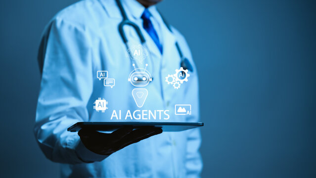 Male doctor holding digital tablet displays artificial intelligence agent graphics representing futuristic clinical healthcare automation technology inside dark studio workspace environment.