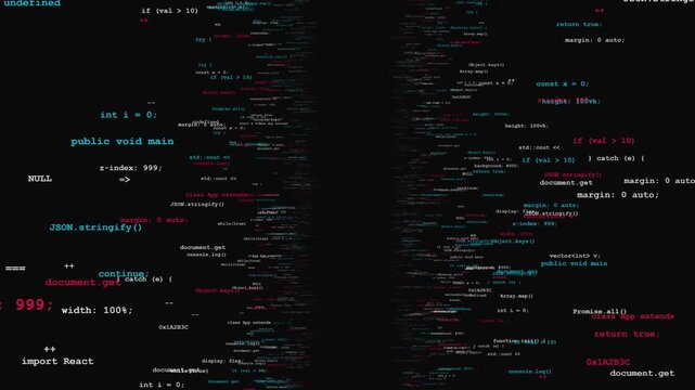 Programming code scripts with syntax highlighting scrolling on dark background for software development