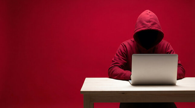 Anonymous hooded figure intensely focused on working on a laptop computer against a vibrant red backdrop.