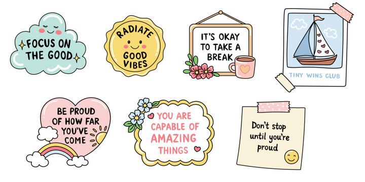 Daily positive affirmations clip art collection with kawaii lettering quotes