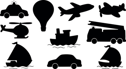 Kids Toy Vehicle Silhouette Vector Icon Set with Fire Truck Police Car Airplane Helicopter Hot Air Balloon and Boats for Children Educational and Logistics Graphic Designs © Rtazmina