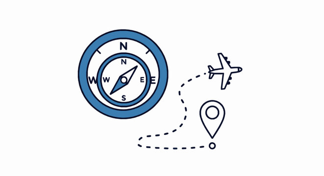 Minimalist travel icon featuring compass airplane flight path and location pin marker vector graphic