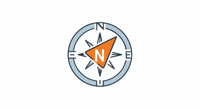 Minimalist compass rose icon featuring a bright orange north directional pointer on white background