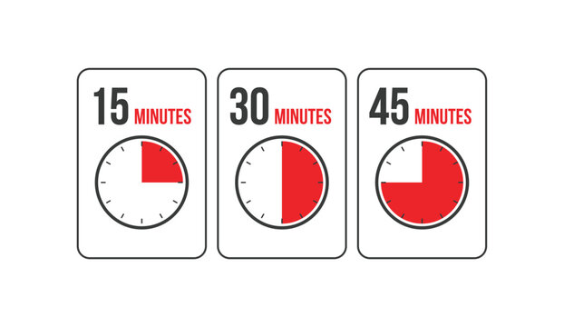 15 30 45 Minutes Timer Icons Collection with Clock Countdown Time Vector Set