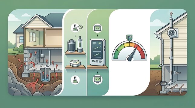 Radon gas mitigation and home testing process infographic