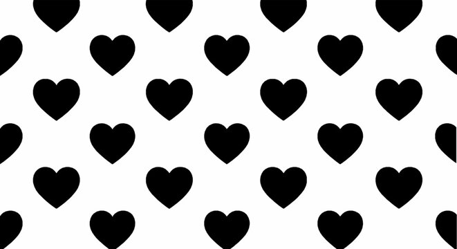 Minimalist black heart shape pattern repeating seamlessly against a clean white background surface design