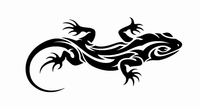 Black tribal lizard silhouette graphic design isolated on white background for decorative art projects