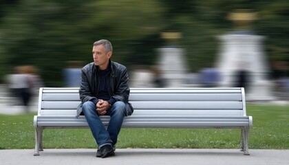 Obraz premium Lonely man sitting on bench watching people passing by