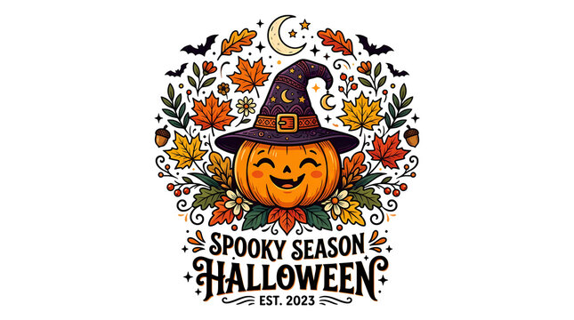 Spooky season halloween carved pumpkin wearing witch hat autumn leaves bats moon.