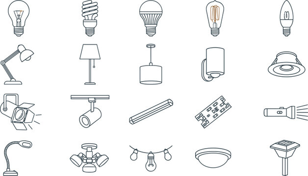 Lighting Fixtures and Illumination Line Icon Set Featuring LED Bulbs, Lamps, Ceiling Lights, Spotlights, Smart Lighting, and Interior Lighting Vector Collection