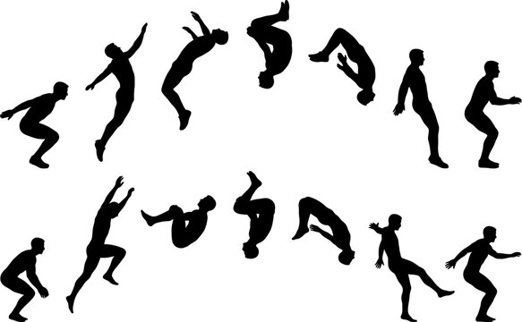 Parkour backflip tumbling motion sequence male athlete black silhouettes vector set