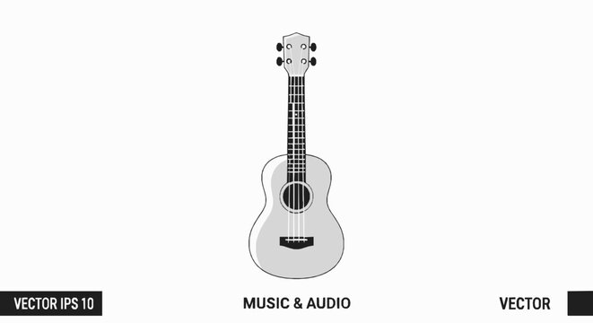 Minimalist flat vector illustration featuring small four string acoustic ukulele musical instrument design element