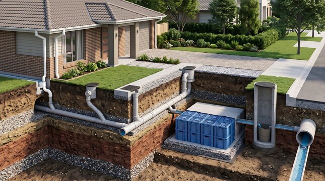 Residential stormwater management system underground drainage and water tank installation