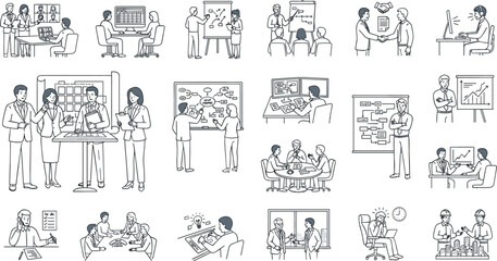Obraz premium Business Meeting and Team Collaboration Line Illustration Set Featuring Corporate Planning, Brainstorming, Presentations, Strategy, Leadership, and Workplace Communication Collection