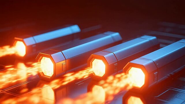 Glowing orange hexagon on blue metal cylinders