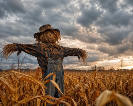 A cute handmade scarecrow in denim overalls, plaid shirt, and straw hat stands in the middle of a ripe, dry cornfield. Dramatic stormy clouds and warm sunset light background, perfect for autumn harve