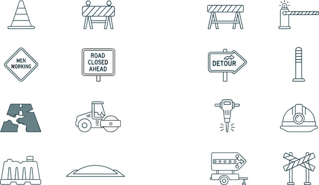 Road Construction and Traffic Safety Line Icon Set Featuring Work Zone Barriers, Detours, Warning Signs, Asphalt Repair, and Highway Maintenance Vector Collection