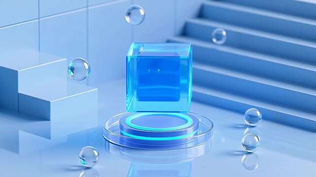 Translucent blue cube on geometric steps