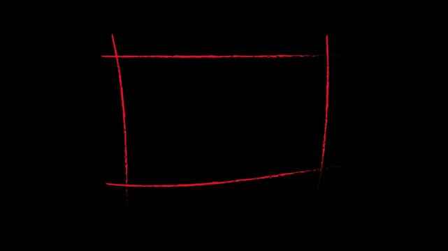 Hand drawn red rectangular frame on a solid black background for creative overlays