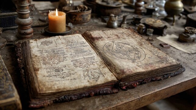 Weathered wooden surface holding open grimoire with arcane symbols, candle casting soft light near vintage mystical artifacts and aged manuscript
