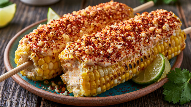 Grilled mexican street corn elote with cheese and chili powder on rustic wooden surface.