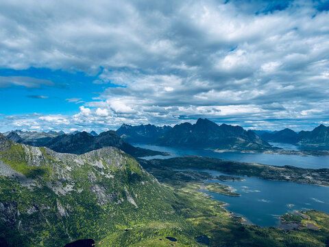 Aerial view rugged mountain peaks fjords Norway wilderness exploration travel adventure