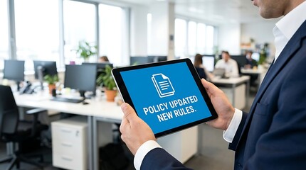 Fototapeta premium Person in suit holding tablet displaying 
