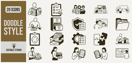 Fototapeta premium Business paperwork icons in a simple doodle style for office workflow concepts