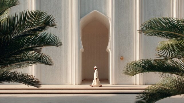 Individual in baju kurung walking gracefully past a stunning architectural structure, surrounded by lush palm trees, showcasing cultural attire and serene environment