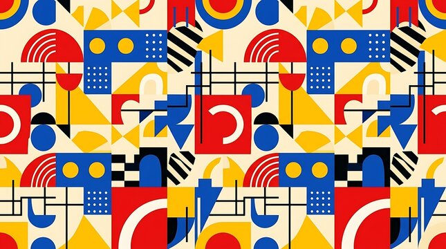 Abstract geometric seamless pattern with primary colors and shapes