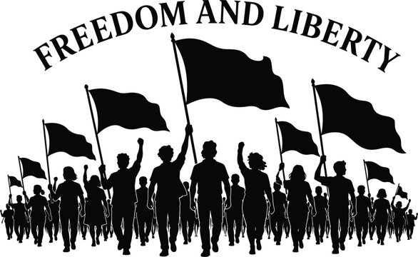 Freedom and liberty protest silhouette, crowd of people holding flags in demonstration, social justice movement and political activism vector