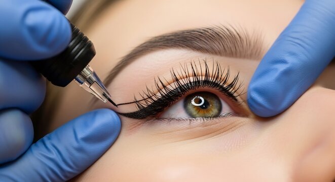 Professional permanent eyeliner application procedure performed by specialist wearing protective blue latex medical gloves