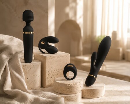 Set of luxury black matte intimate products on travertine stone display pedestals. Concept of adult wellness line, product showcase, quiet luxury aesthetics, and gold accents.