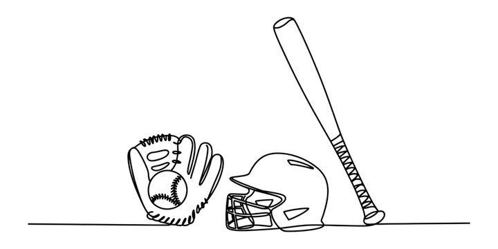 Continuous line drawing of a baseball glove with a ball a batting helmet and a wooden bat for sports equipment and team game competition illustration