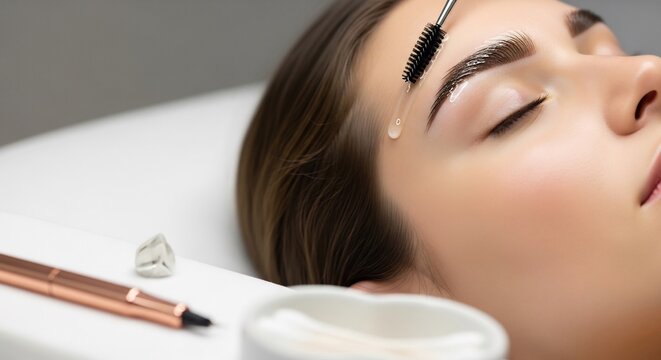 Professional eyebrow lamination treatment applying transparent gel with spoolie brush to female client brows