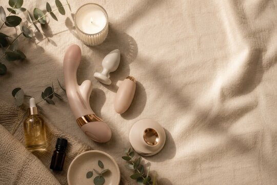 High angle flat lay of premium intimate wellness products on crumpled beige linen fabric with glowing candle and eucalyptus leaves. Concept of quiet luxury, organic aesthetics, and self-care.