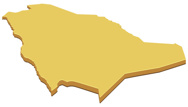 Isometric golden 3D map of Saudi Arabia showing national territory, geographical boundaries, and geopolitical influence across Middle East. (cut out)