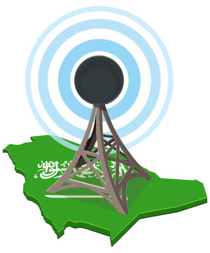 3D isometric map of Saudi Arabia with national flag and telecommunication tower broadcasting radio waves, representing mobile network and connectivity. (cut out)