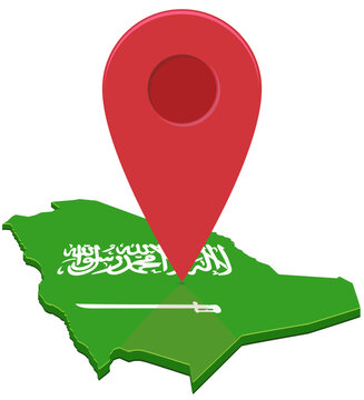 3D isometric map of Saudi Arabia with flag and large red map pin marker symbolizing location, national territory, destination, and Middle East positioning. (cut out)