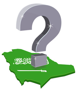 3D isometric map of Saudi Arabia with flag and large question mark symbolizing geopolitical uncertainty, strategic doubt, and future policy decisions. (cut out)