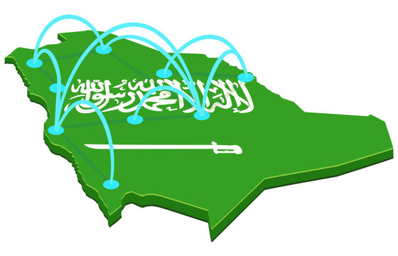 3D isometric map of Saudi Arabia with flag and glowing cyan arcs connecting regional nodes, freight transport routes, and supply chain logistics network. (cut out)