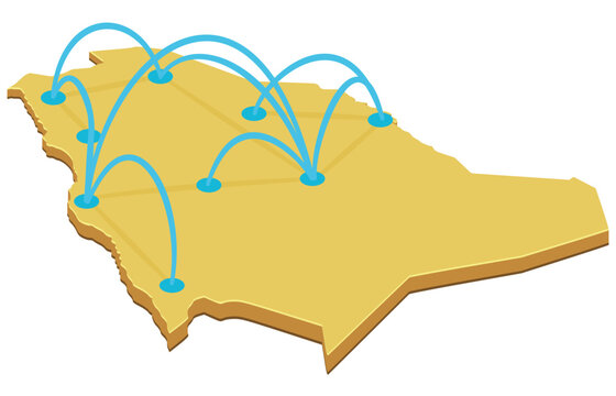 3D isometric golden map of Saudi Arabia with cyan arcs connecting regional nodes, freight transport routes, supply chain logistics, and telecom network. (cut out)