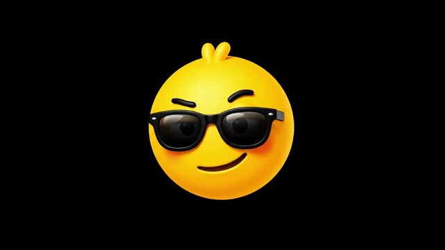 3D rendering of a yellow emoji face wearing sunglasses with a confident and cool expression